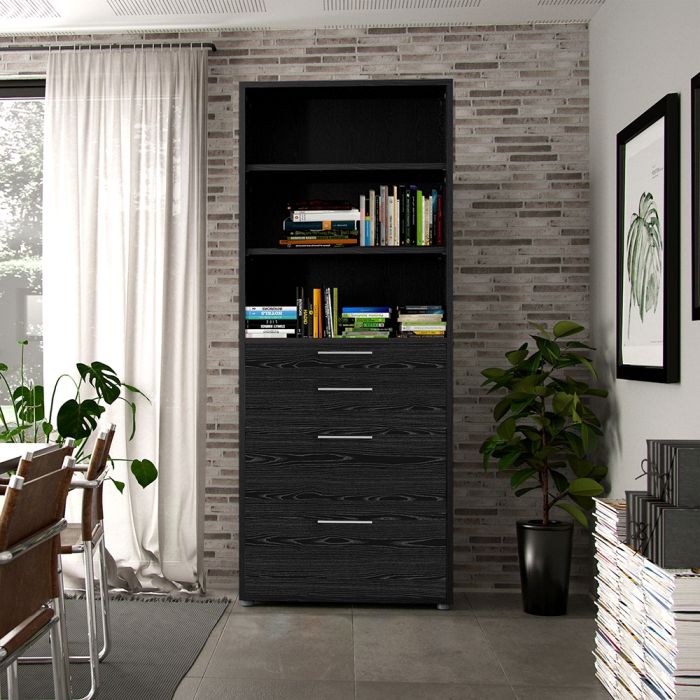 Prima Bookcase 2 Shelves With 2 Drawers + 2 File Drawers In Black Woodgrain - UK