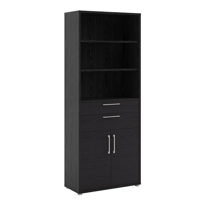 Prima Bookcase 3 Shelves With 2 Drawers And 2 Doors In Black Woodgrain - UK