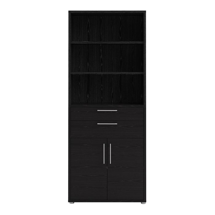 Prima Bookcase 3 Shelves With 2 Drawers And 2 Doors In Black Woodgrain - UK