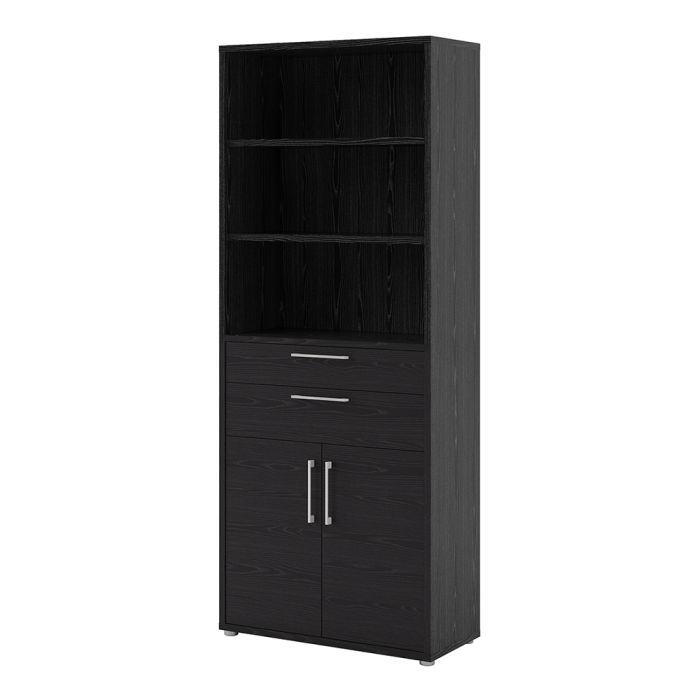 Prima Bookcase 3 Shelves With 2 Drawers And 2 Doors In Black Woodgrain - UK