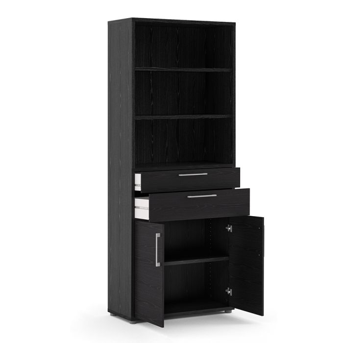 Prima Bookcase 3 Shelves With 2 Drawers And 2 Doors In Black Woodgrain - UK