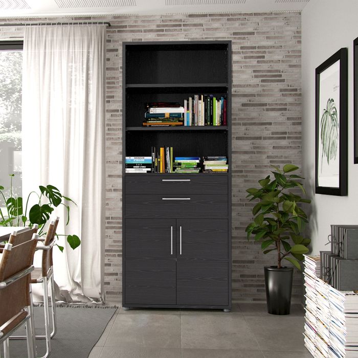 Prima Bookcase 3 Shelves With 2 Drawers And 2 Doors In Black Woodgrain - UK