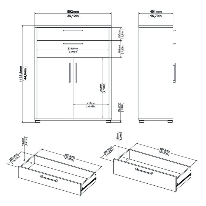 Prima Bookcase 3 Shelves With 2 Drawers And 2 Doors In Black Woodgrain - UK