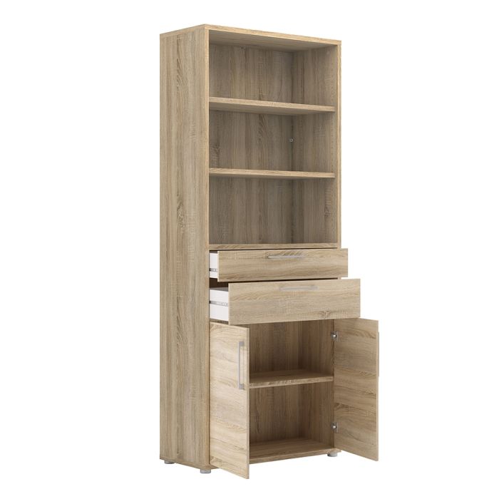 Prima Bookcase 3 Shelves with 2 Drawers and 2 Doors in Oak - UK