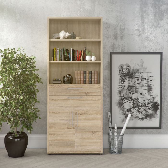 Prima Bookcase 3 Shelves with 2 Drawers and 2 Doors in Oak - UK