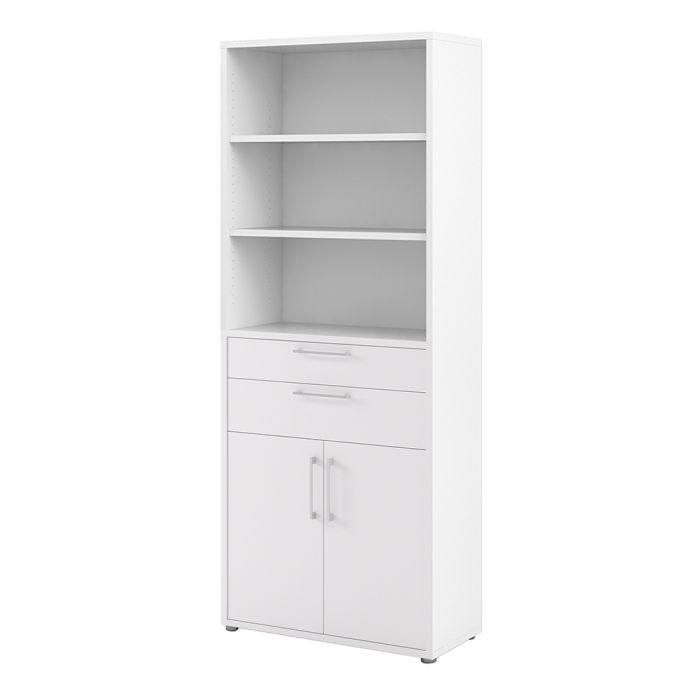 Prima Bookcase 3 Shelves With 2 Drawers And 2 Doors In White - UK