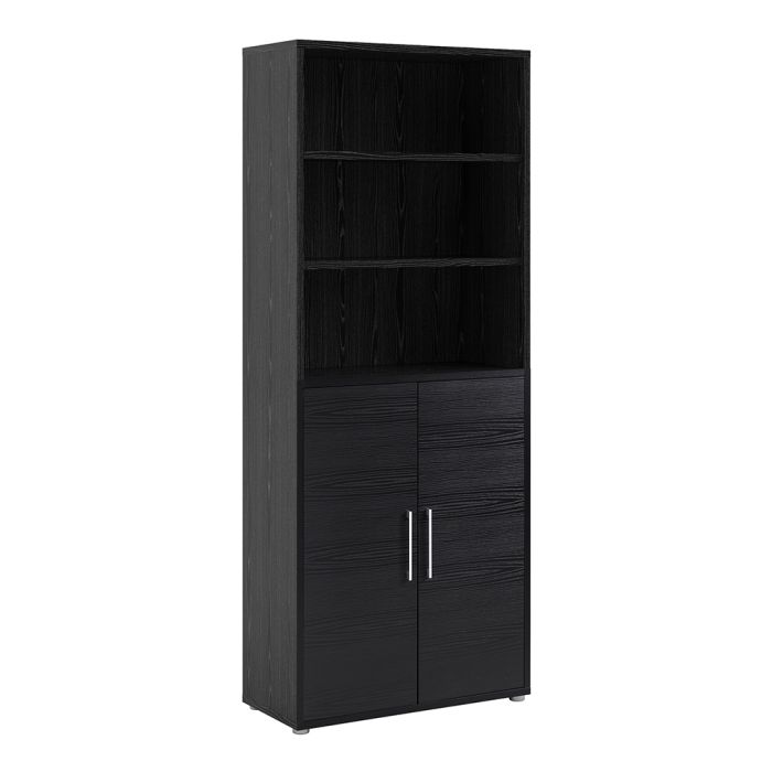 Prima Bookcase 4 Shelves with 2 Doors in Black woodgrain - UK