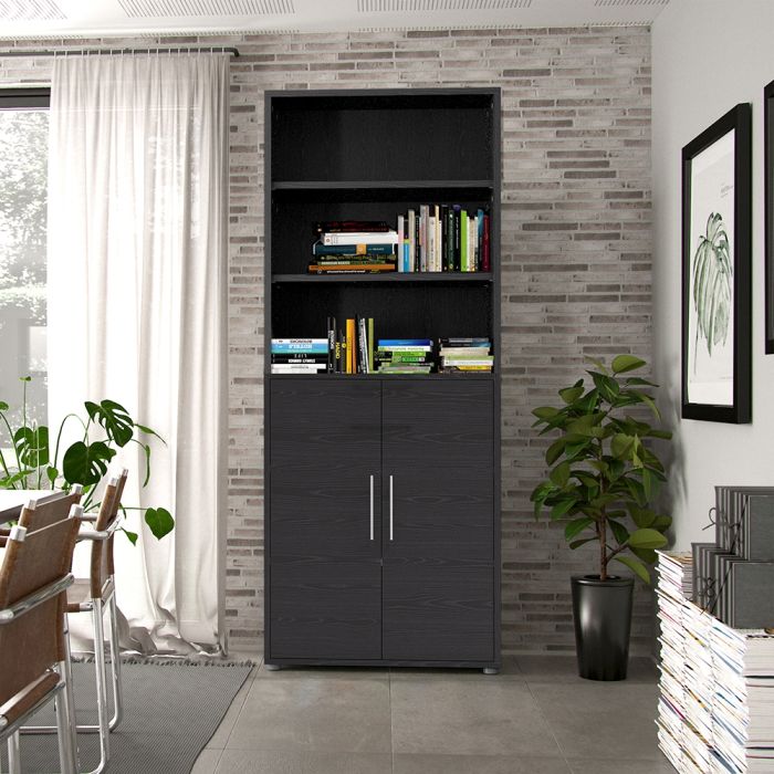 Prima Bookcase 4 Shelves with 2 Doors in Black woodgrain - UK