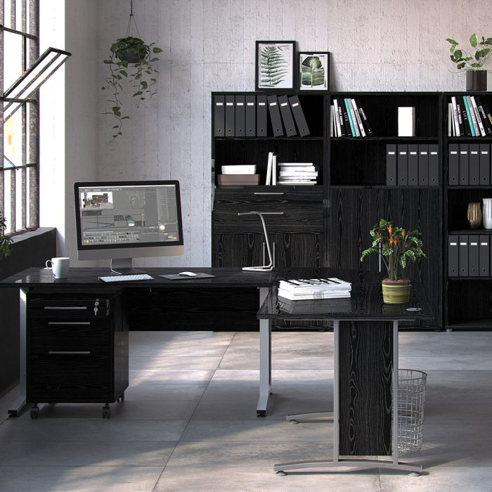 Prima Corner desk top in Black woodgrain with Silver grey steel legs - UK