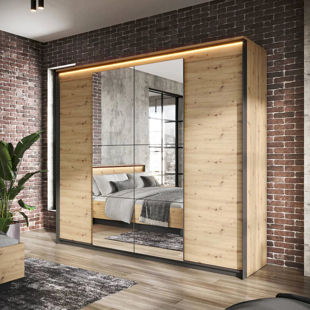 Quant QS-05 Mirrored Wardrobe With 2 Hinged Doors In Oak Artisan With LED