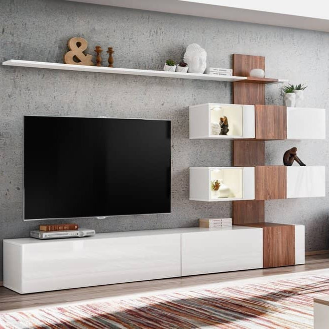 Quill Wooden Entertainment Unit in Oak Sterling & Fronts PVC White High Gloss