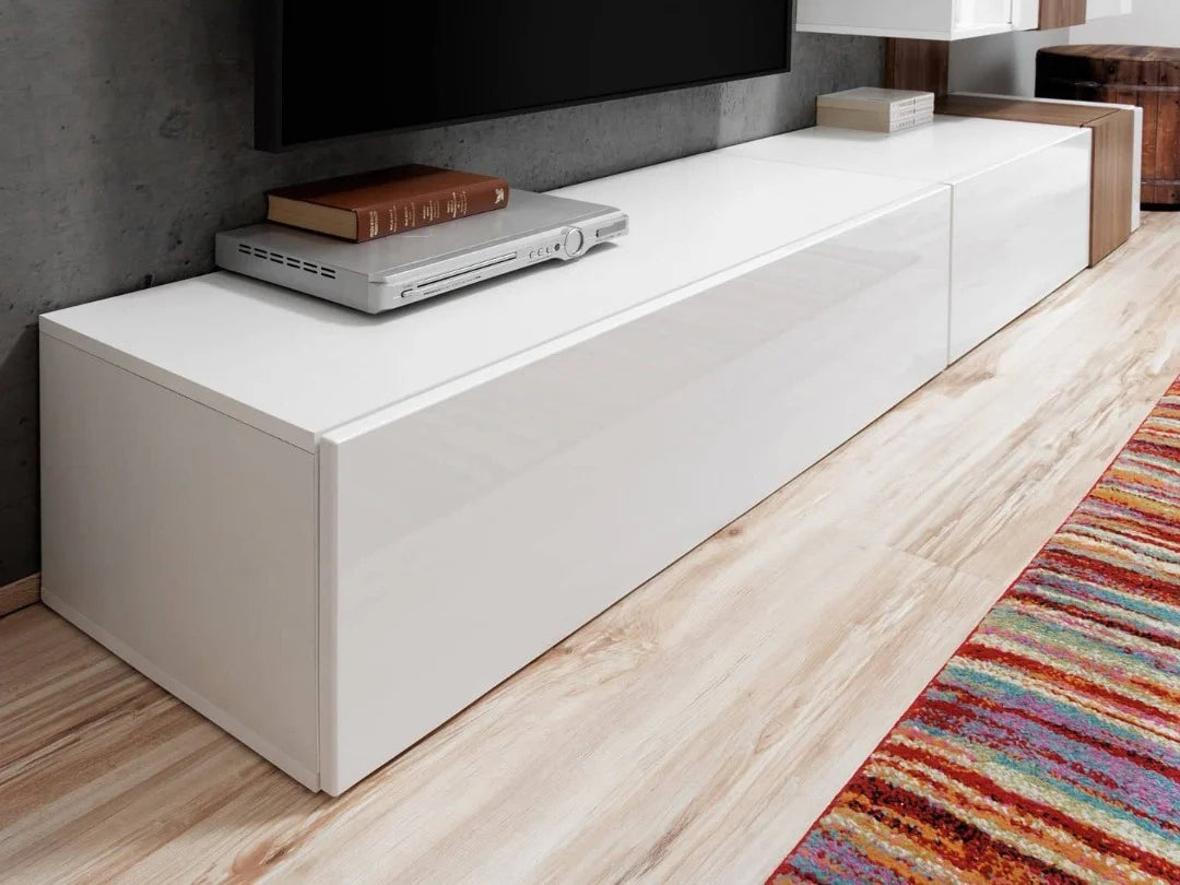 Quill Wooden Entertainment Unit in Oak Sterling & Fronts PVC White High Gloss