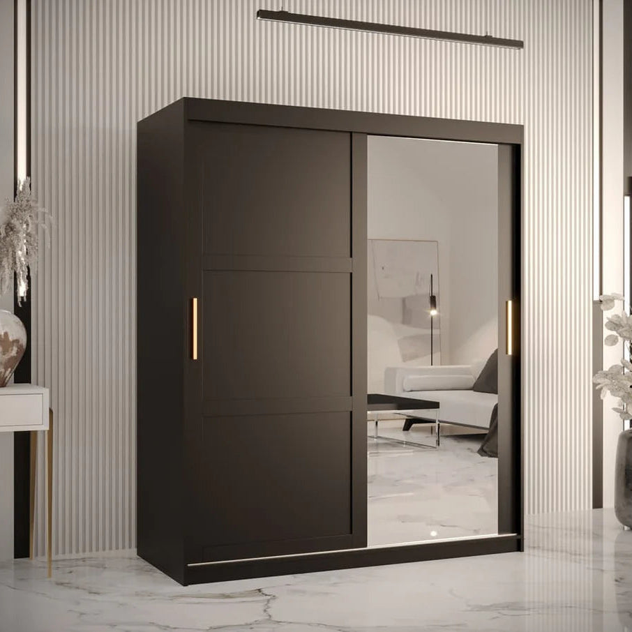 Ramiro II Mirrored Wardrobe 2 Sliding Doors 150cm In Black Matt