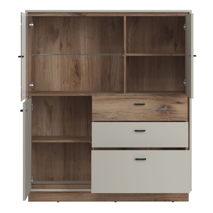 Rivero 3 Door 3 Drawer Low Display Cabinet in Grey and Oak - UK