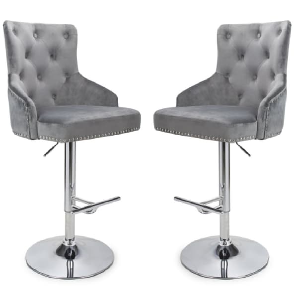 Rocco Grey Brushed Velvet Bar Stools With Chrome Base In Pair