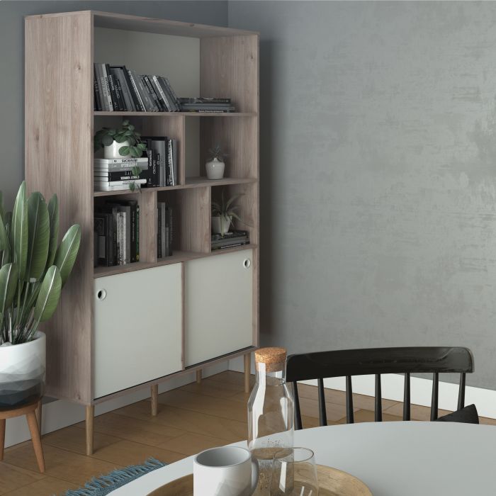 Rome Bookcase 2 sliding Doors in Jackson Hickory Oak with Matt White - UK