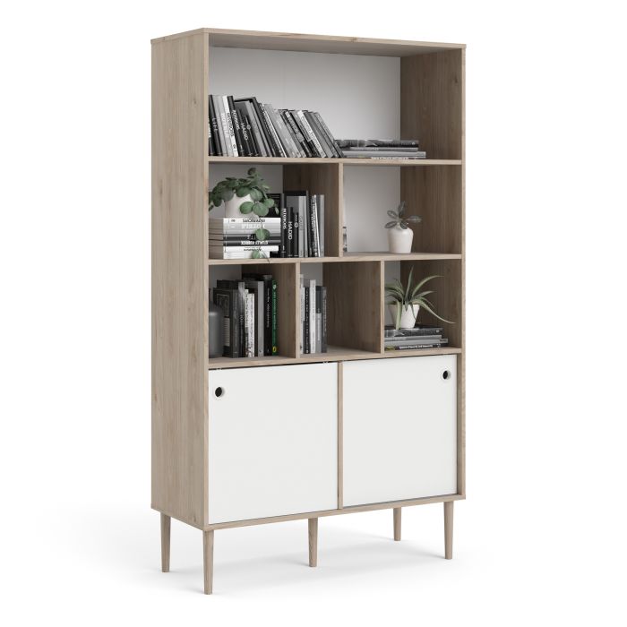 Rome Bookcase 2 sliding Doors in Jackson Hickory Oak with Matt White - UK