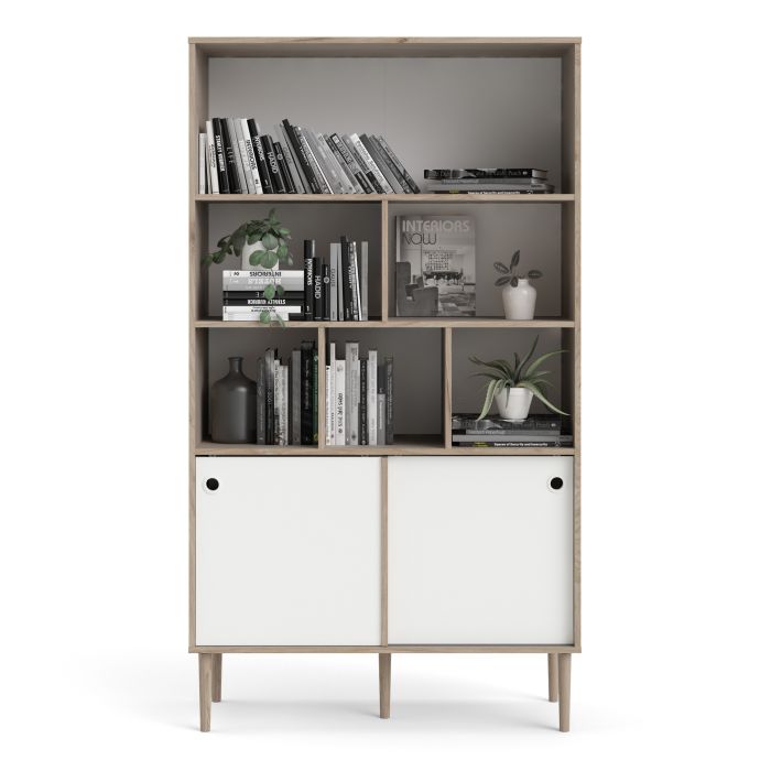 Rome Bookcase 2 sliding Doors in Jackson Hickory Oak with Matt White - UK