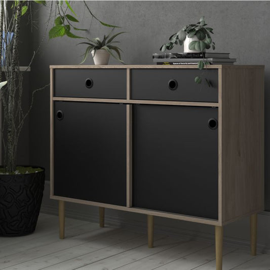 Rome Sideboard 2 Sliding Doors + 2 Drawers in Jackson Hickory Oak with Matt Black - UK