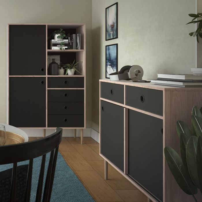 Rome Sideboard 2 Sliding Doors + 2 Drawers in Jackson Hickory Oak with Matt Black - UK