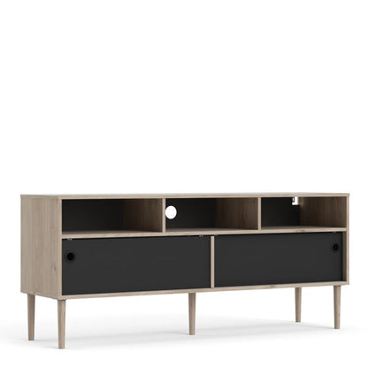 Rome TV-unit 2 Sliding Doors in Jackson Hickory Oak with Matt Black - UK