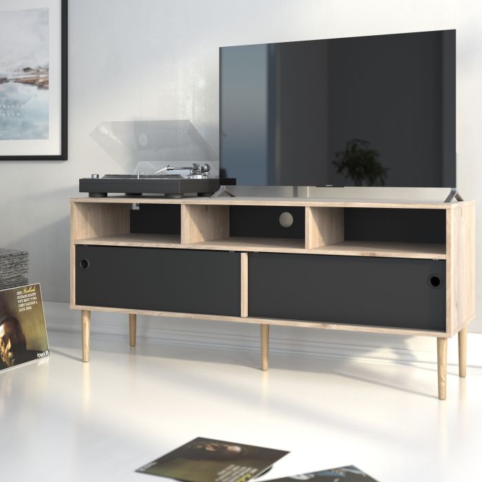 Rome TV-unit 2 Sliding Doors in Jackson Hickory Oak with Matt Black - UK