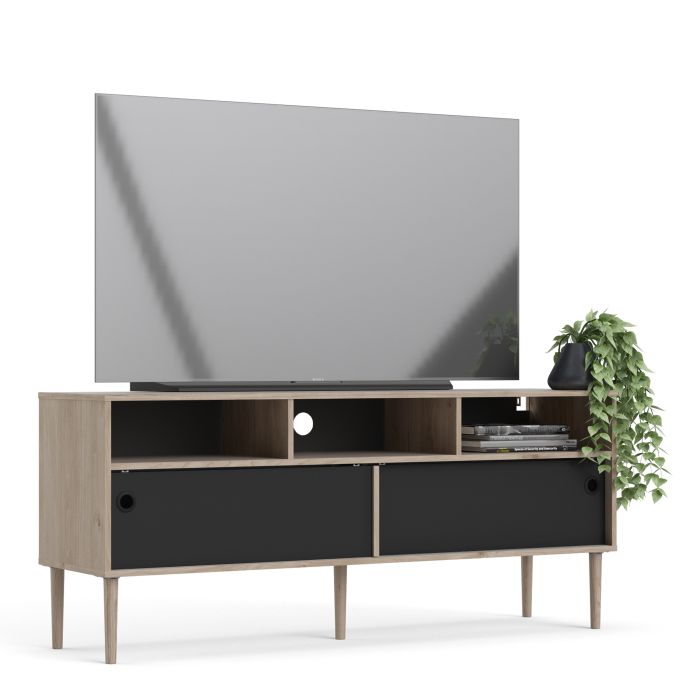Rome TV-unit 2 Sliding Doors in Jackson Hickory Oak with Matt Black - UK