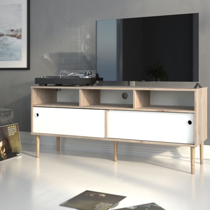 Rome TV-unit 2 Sliding Doors in Jackson Hickory Oak with Matt White - UK