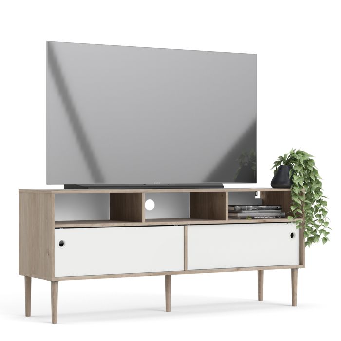 Rome TV-unit 2 Sliding Doors in Jackson Hickory Oak with Matt White - UK
