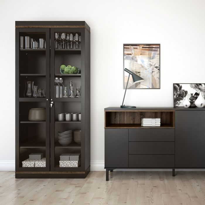 Roomers Display Cabinet Glazed 2 Doors in Black and Walnut - UK