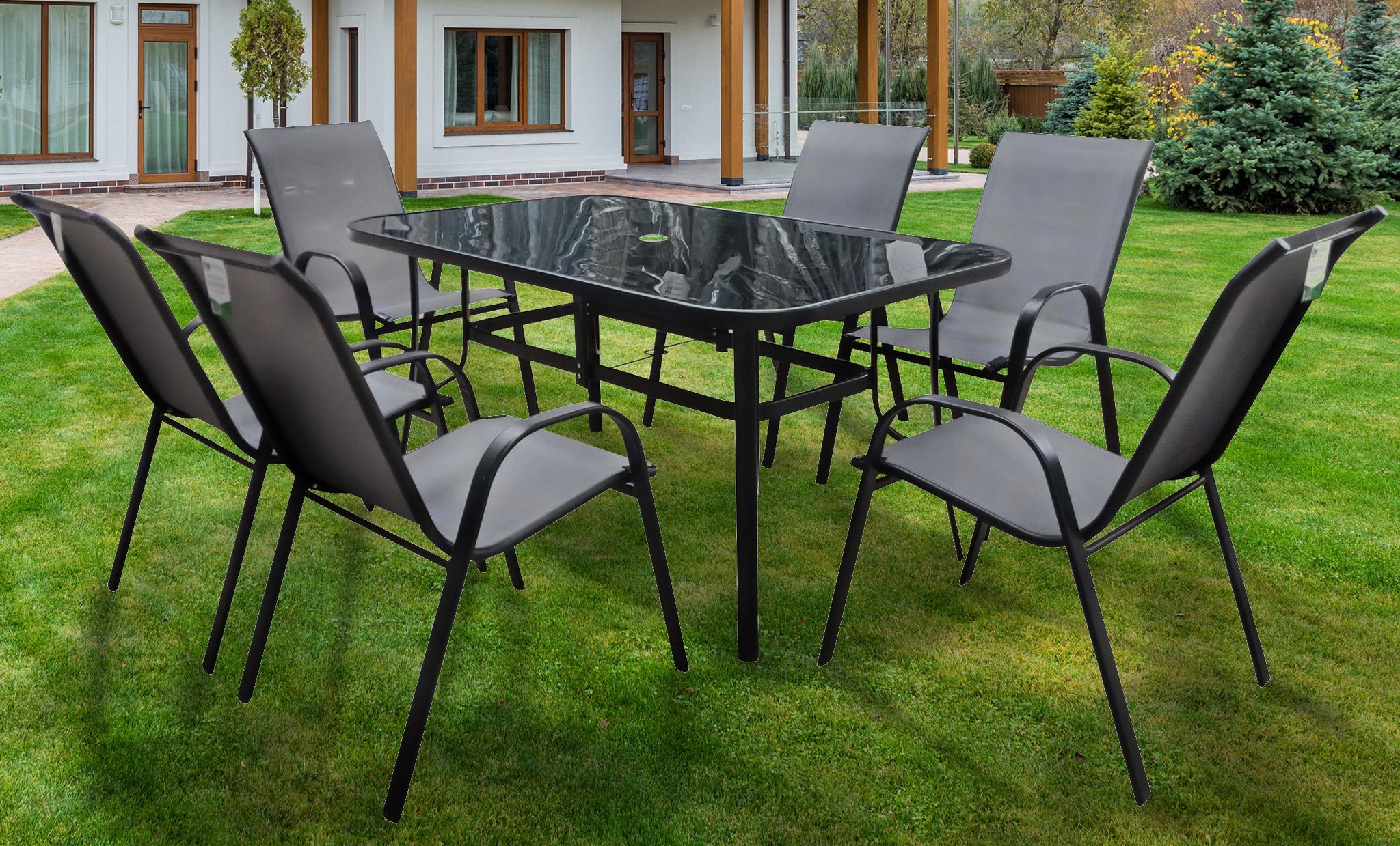 Rufford 6 Seater Garden Dining Set in Black and Grey Metal