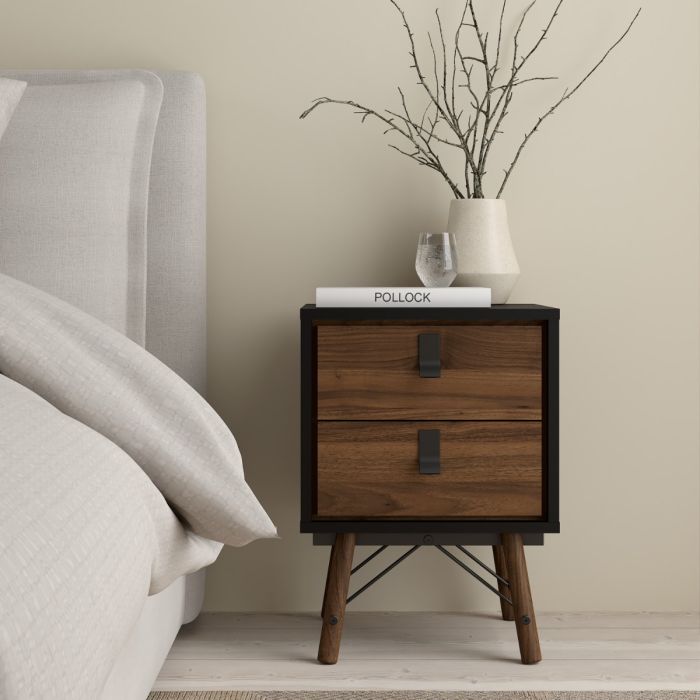 Ry Bedside cabinet 2 drawer in Matt Black Walnut - UK