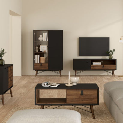 Ry China cabinet 1 door + 1 glass door + 1 drawer in Matt Black Walnut - UK - Furniture One Shop