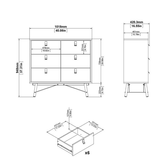 Ry Double chest of drawers 6 drawers in Matt Black Walnut - UK