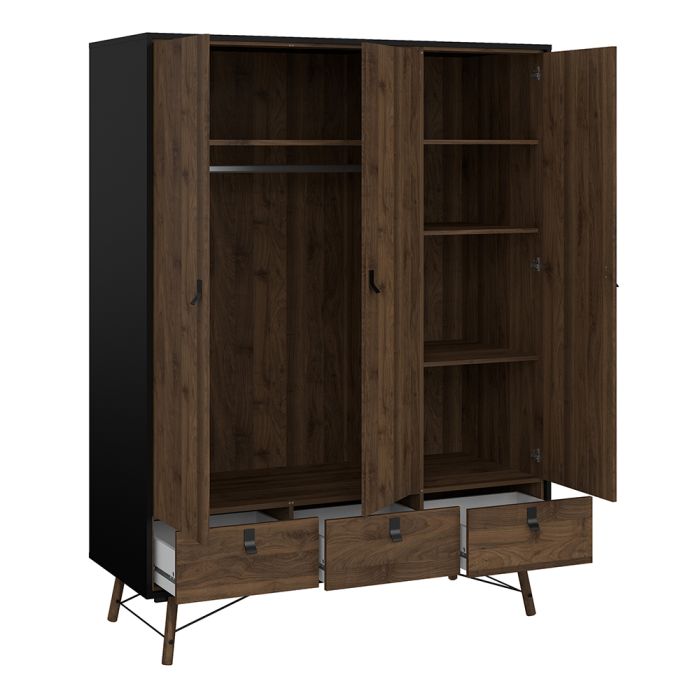 Ry Package - Wardrobe 3 doors + 3 drawers + Double chest of drawers 6 drawers + Bedside cabinet 2 drawer in Matt Black Walnut - UK