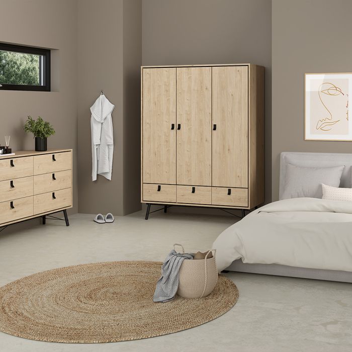 Ry Package - Wardrobe 3 doors + 3 drawers + Double chest of drawers 6 drawers + Bedside cabinet 2 drawer in Matt White - UK