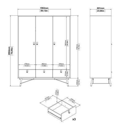 Ry Package - Wardrobe 3 doors + 3 drawers + Double chest of drawers 6 drawers + Bedside cabinet 2 drawer in Matt Black Walnut - UK