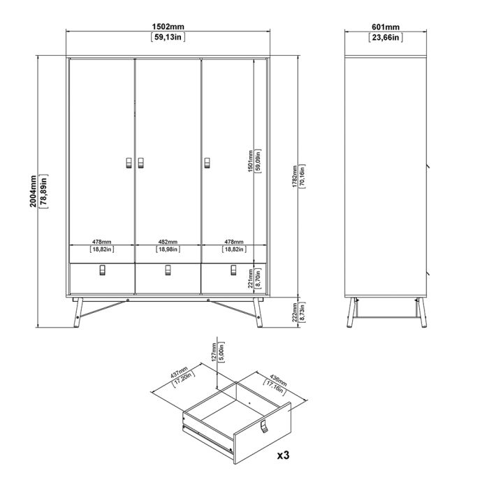 Ry Package - Wardrobe 3 doors + 3 drawers + Double chest of drawers 6 drawers + Bedside cabinet 2 drawer in Matt White - UK