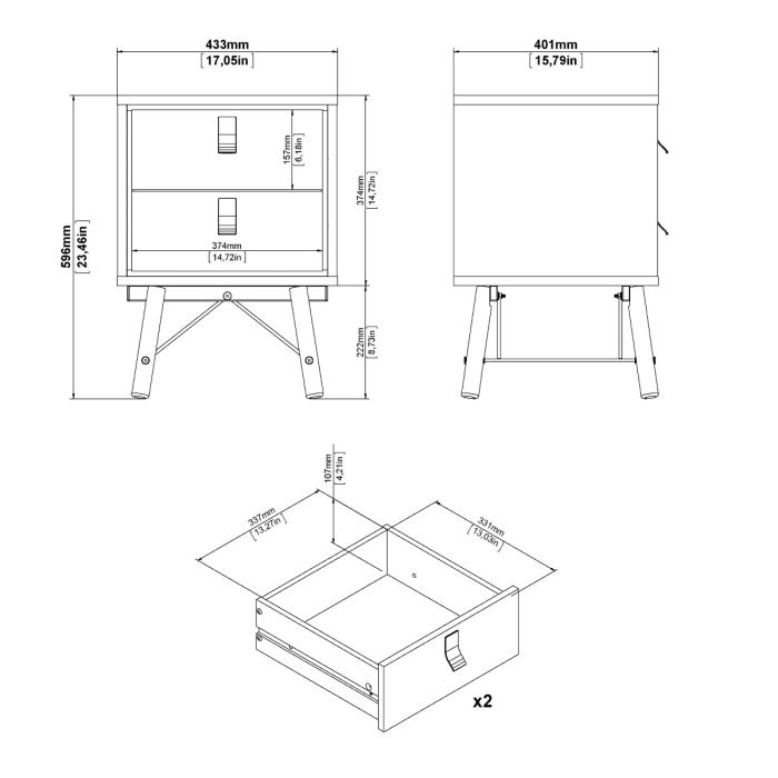 Ry Package - Wardrobe 3 doors + 3 drawers + Double chest of drawers 6 drawers + Bedside cabinet 2 drawer in Matt White - UK