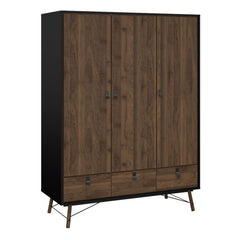 Ry Package - Wardrobe 3 doors + 3 drawers + Double chest of drawers 6 drawers + Bedside cabinet 2 drawer in Matt Black Walnut - UK - Furniture One Shop