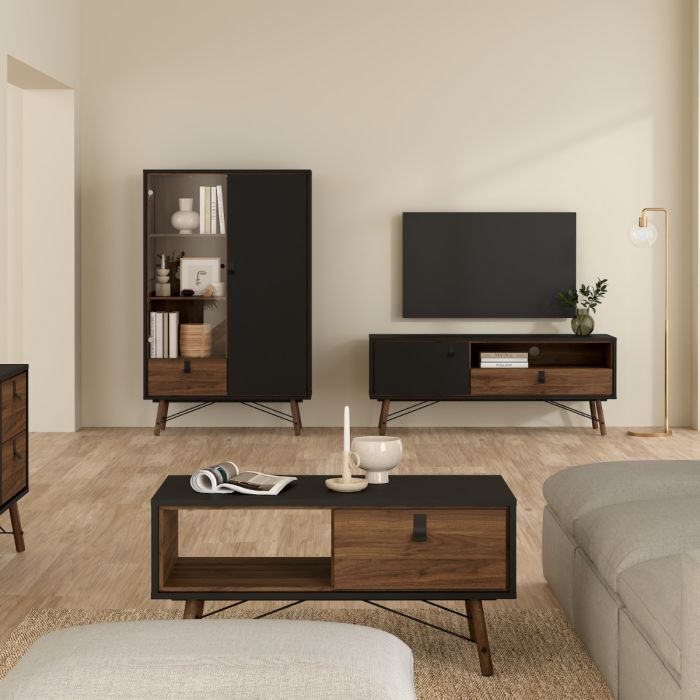 Ry TV-unit 1 door + 1 drawer in Matt Black Walnut - UK