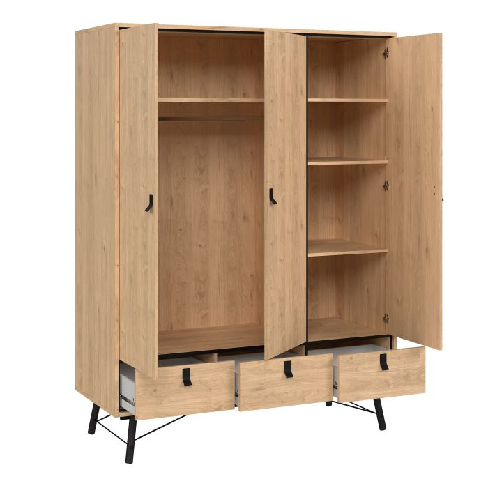 Ry Wardrobe 3 Doors + 3 Drawers in Jackson Hickory Oak - UK