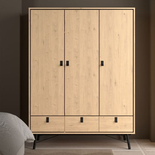 Ry Wardrobe 3 Doors + 3 Drawers in Jackson Hickory Oak - UK