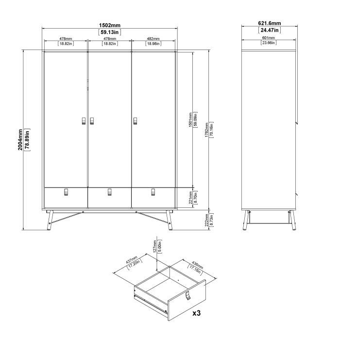 Ry Wardrobe 3 Doors + 3 Drawers in Jackson Hickory Oak - UK