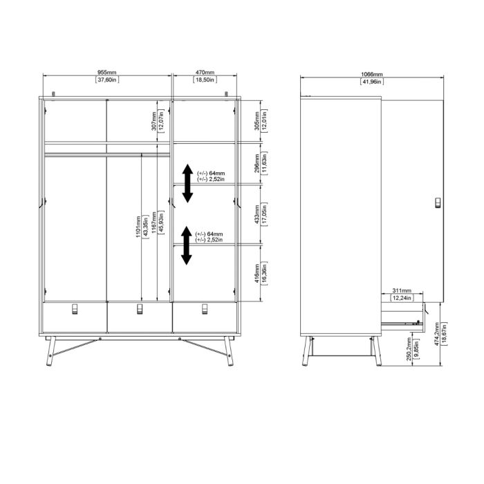 Ry Wardrobe 3 doors + 3 drawers in Matt Black Walnut - UK