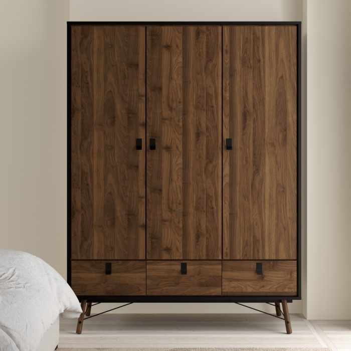 Ry Wardrobe 3 doors + 3 drawers in Matt Black Walnut - UK