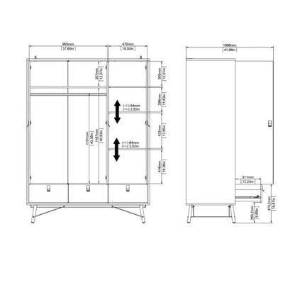 Ry Wardrobe 3 doors + 3 drawers in Matt White - UK