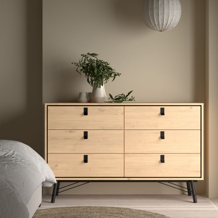 Ry Wide Double Chest of Drawers 6 Drawers in Jackson Hickory Oak - UK