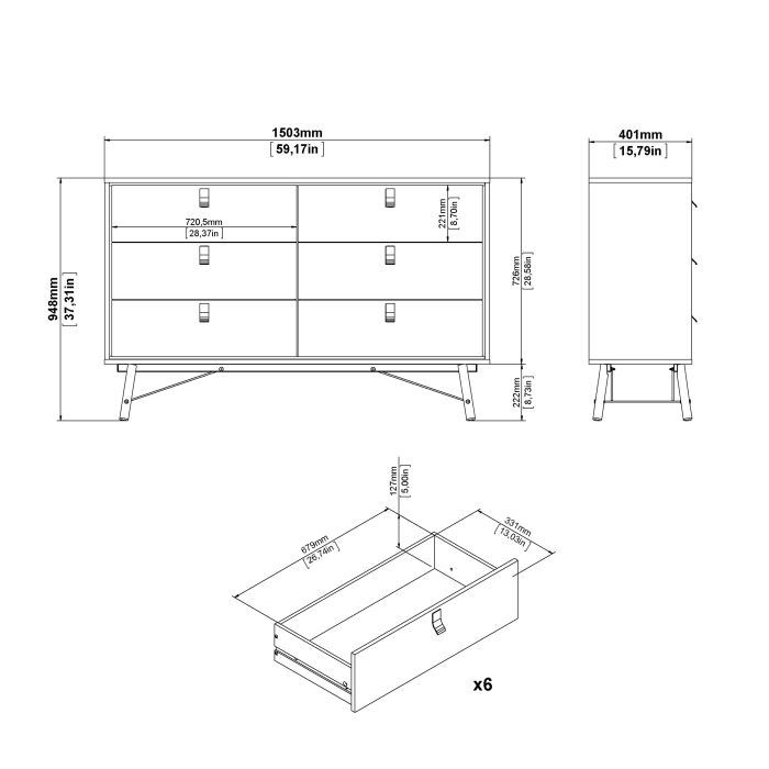 Ry Wide Double Chest of Drawers 6 Drawers in Jackson Hickory Oak - UK