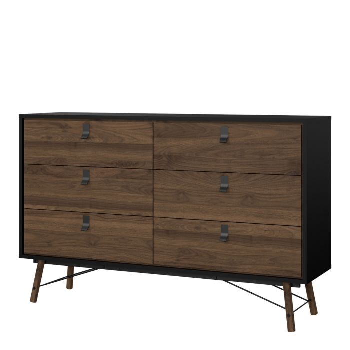 Ry Wide double chest of drawers 6 drawers in Matt Black Walnut - UK